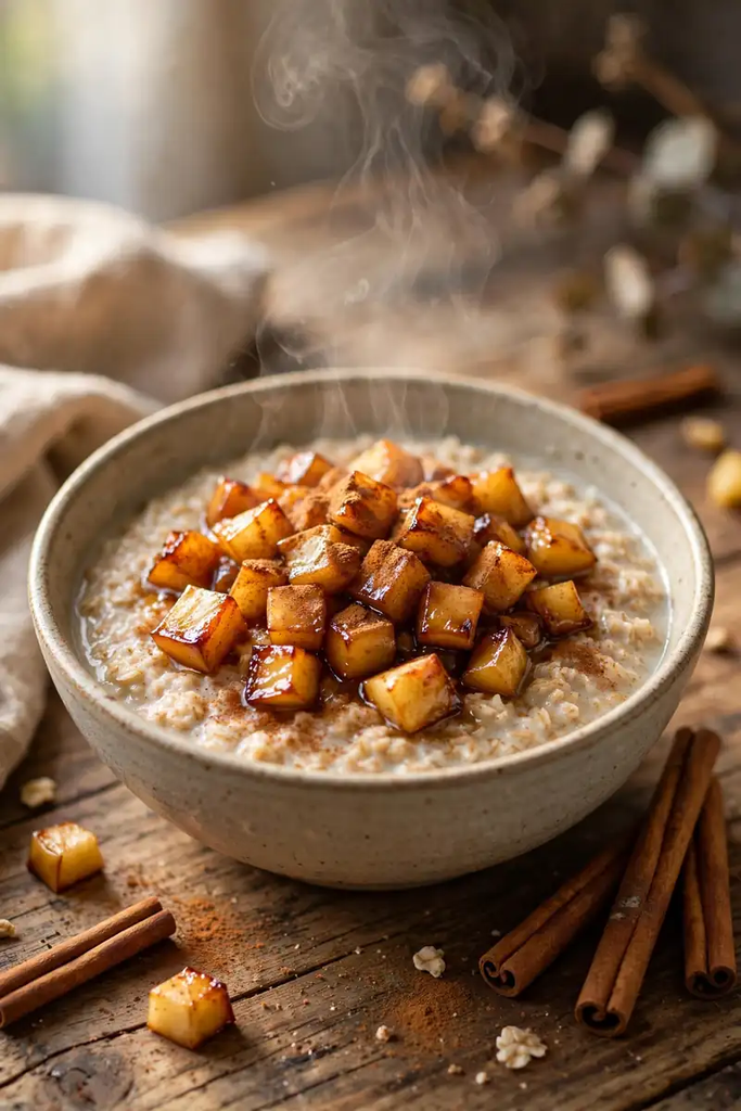 Warm bowl of oatmeal topped with sauteed caramelized apples and cinnamon steam rising.