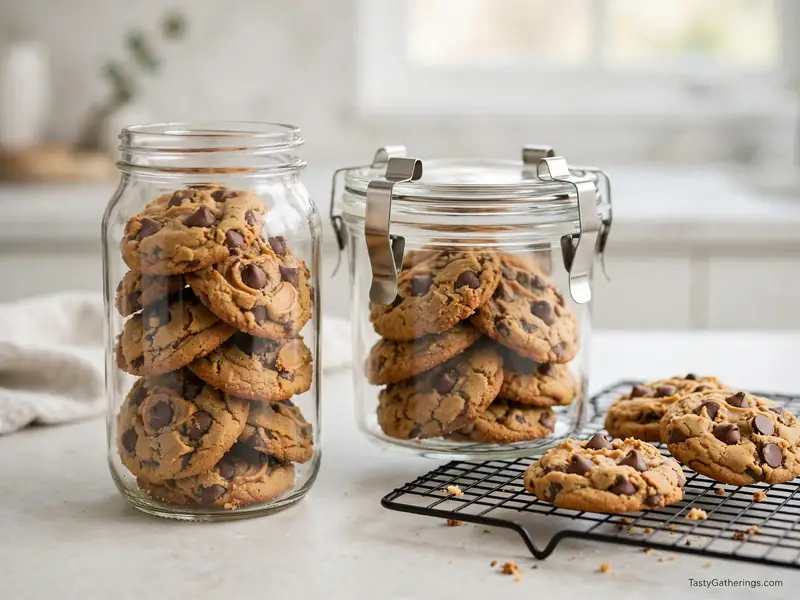 Peanut butter chocolate chip cookies stored in glass jars and on cooling rack.