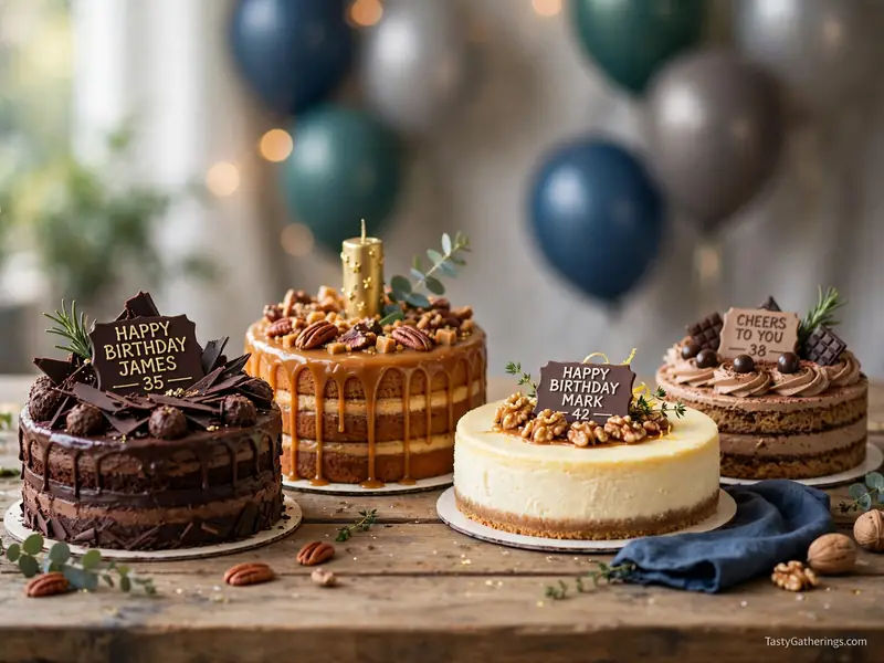 Variety of men's birthday cakes - chocolate, caramel and cheesecake on party table.