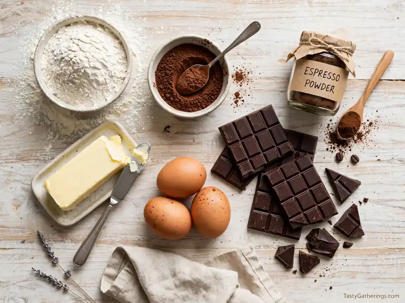 Baking ingredients flat lay flour, cocoa, chocolate, eggs, butter, espresso powder.