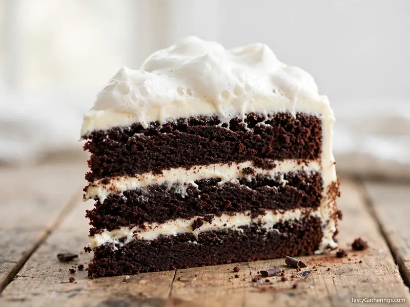 Chocolate stout cake slice with cream cheese frosting and beer foam topping.