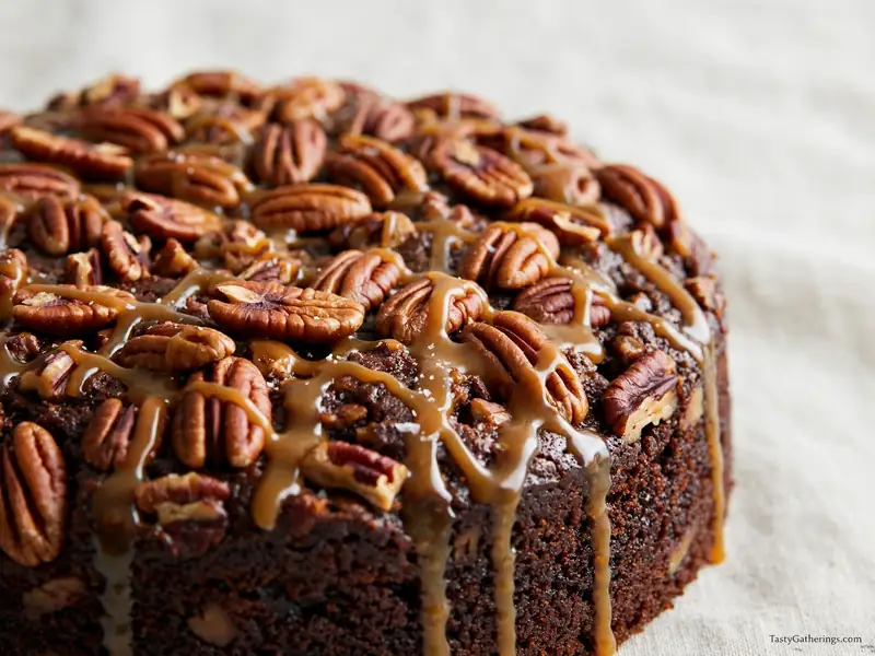 Bourbon pecan cake close-up with toasted pecans and caramel drizzle.