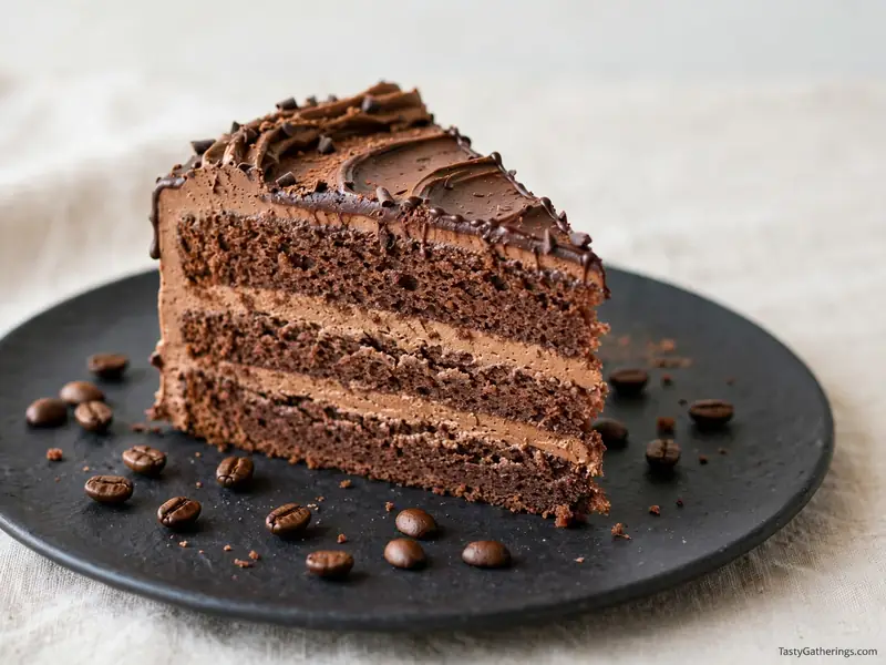 Mocha cake slice with chocolate coffee frosting and coffee beans.
