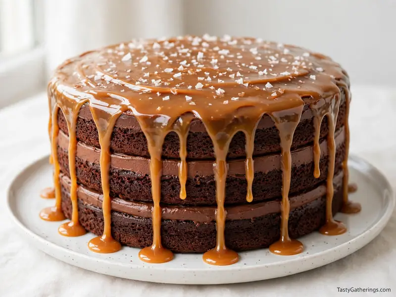 Chocolate cake with salted caramel drip and flaky sea salt.