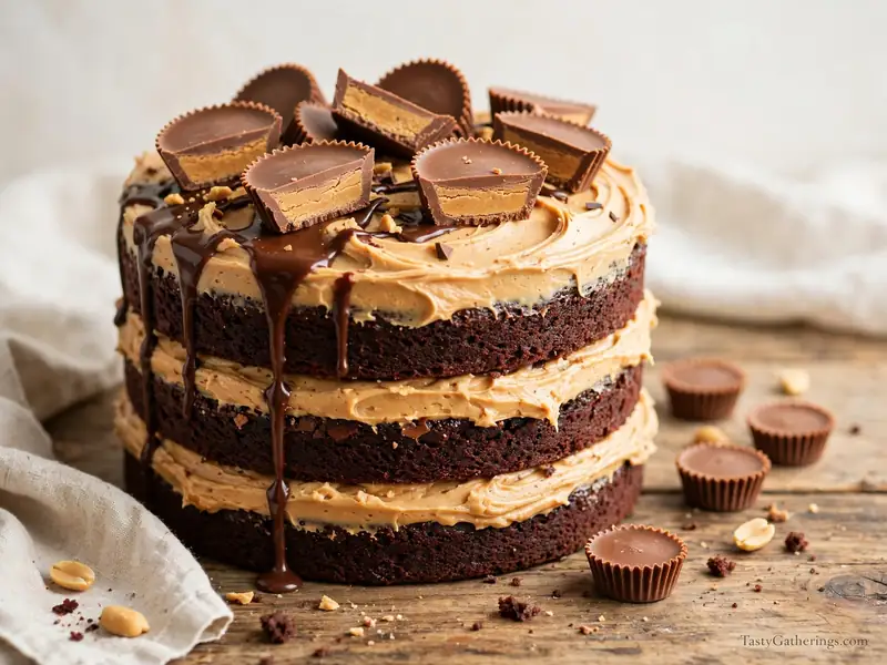 Chocolate cake with peanut butter frosting and mini peanut butter cups.