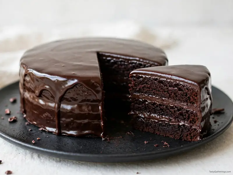 Dark chocolate cake with shiny ganache, slice pulled out.