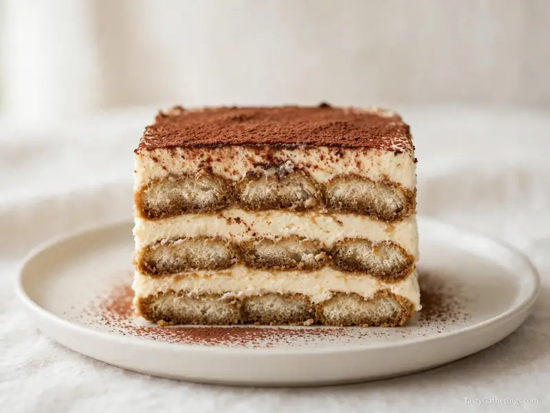 Layered tiramisu cake slice dusted with cocoa powder.