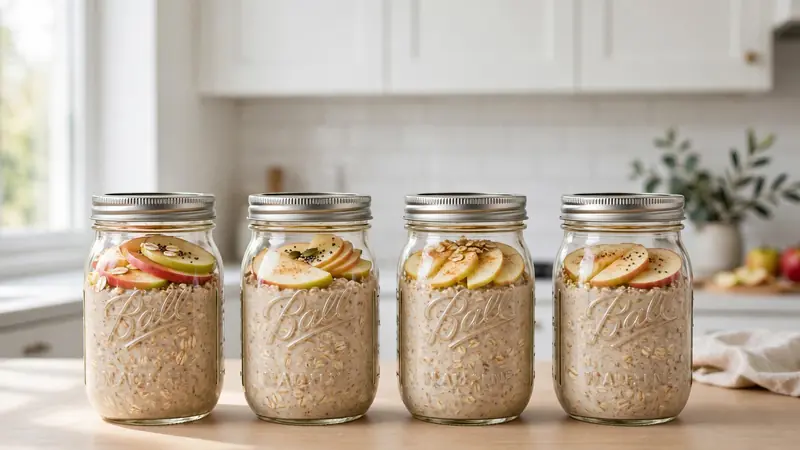 Four mason jars of apple overnight oats lined on kitchen counter for meal prep.