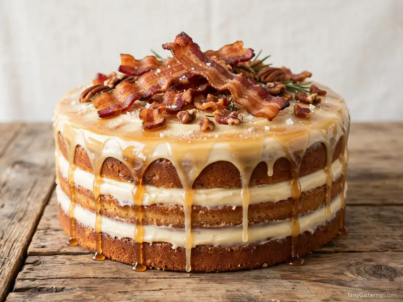 Maple frosting cake topped with crispy bacon pieces.