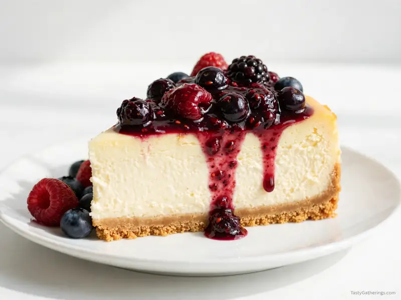 Clean slice of cheesecake with mixed berry compote topping.