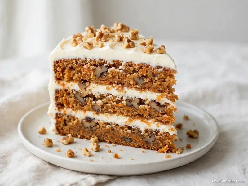 Layered carrot cake slice with cream cheese frosting and walnuts.