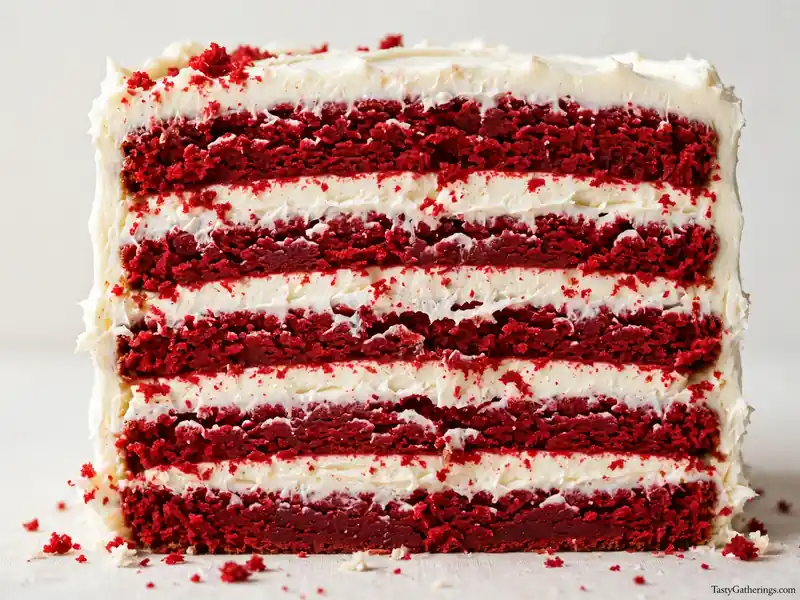 Red velvet cake dramatic cross-section with white frosting.