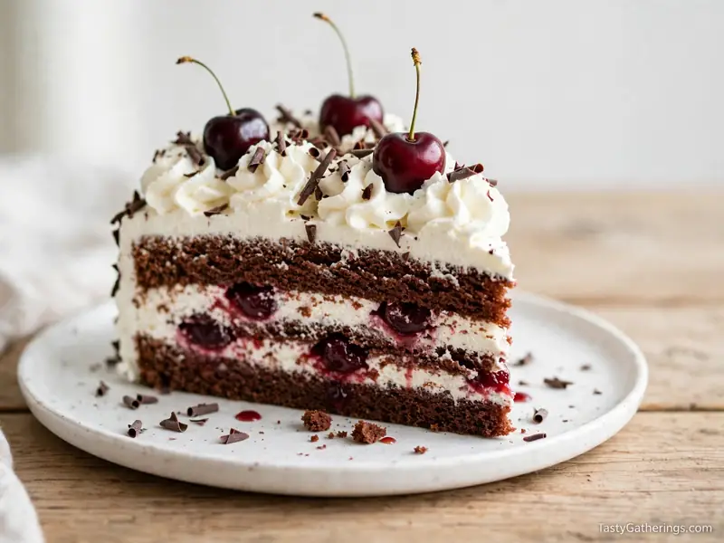 Black forest cake with whipped cream, cherries and chocolate shavings.