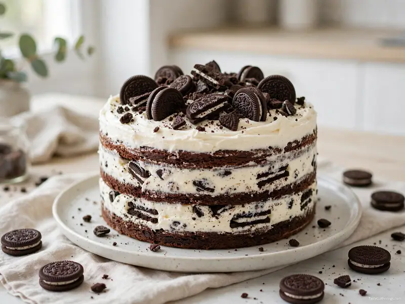Cookies and cream cake with chocolate sandwich cookie pieces.