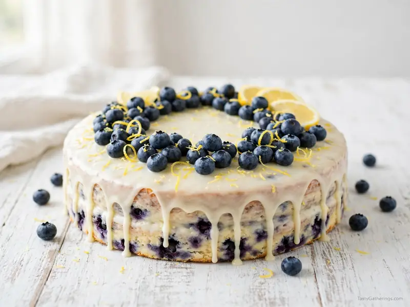 Lemon blueberry cake with glaze and fresh blueberries.