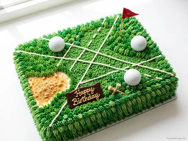 Green frosting sheet cake decorated like golf course with white lines.