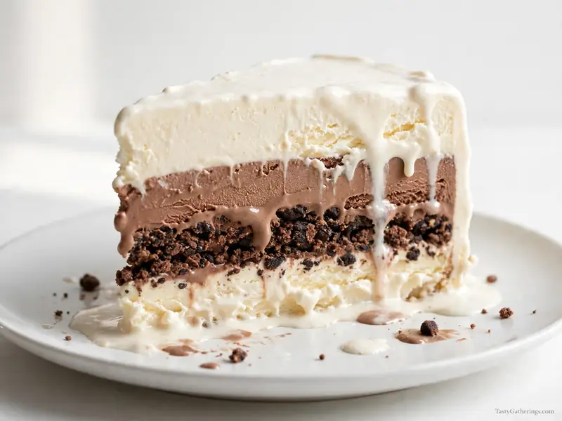 Layered ice cream cake slice with chocolate crunch layer.