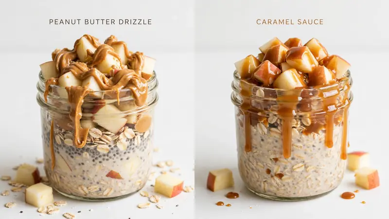 Two apple oats variations side by side - peanut butter apple and caramel apple drizzle.