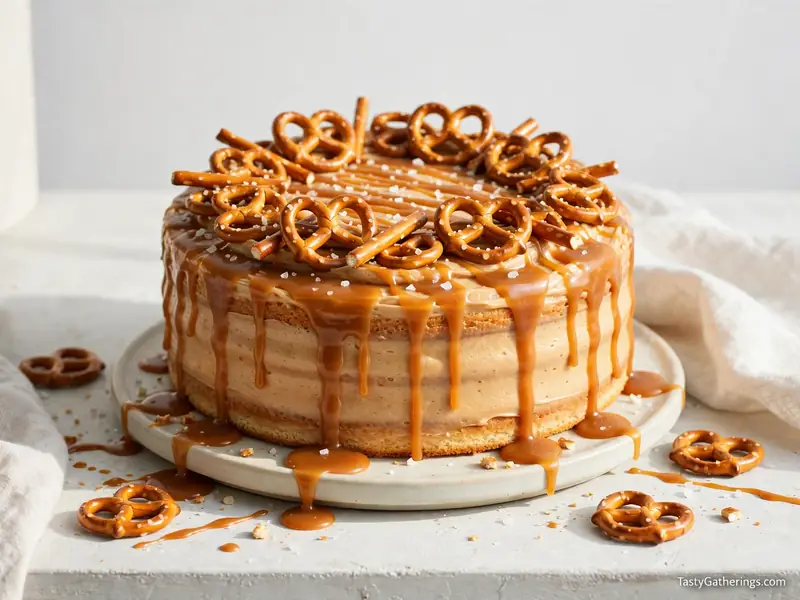 Chocolate vanilla cake topped with caramel sauce and salted pretzels.