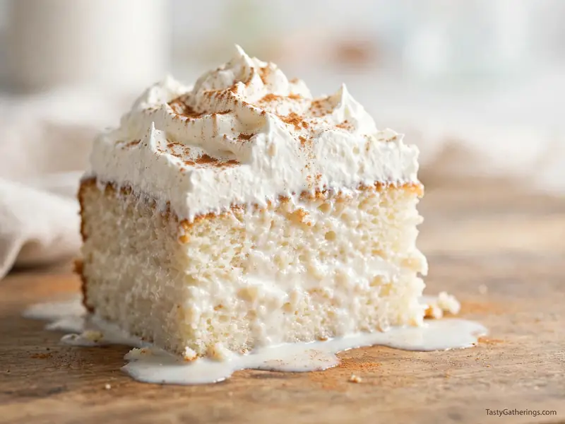 Tres leches cake slice with whipped cream and cinnamon dusting.