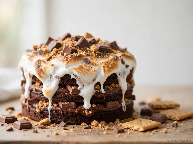 S'mores cake with toasted marshmallow, graham crumbs and chocolate.