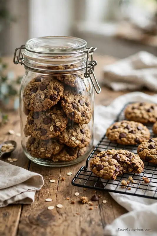 Oatmeal chocolate chip cookies stored in glass airtight jar with cookies on cooling rack on rustic wooden table.