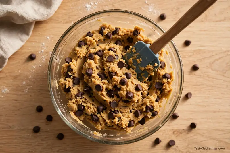 Top view of chocolate chip cookie dough in glass bowl with spatula on wooden table