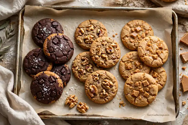 Three cookie variations on baking tray - dark chocolate sea salt, walnut and toffee cookies