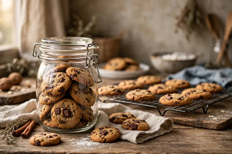 Chocolate chip cookies stored in airtight glass jar with cooling rack in background