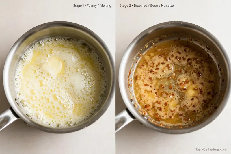 Side by side comparison of butter browning stages - foamy melting butter and browned beurre noisette with brown specks.