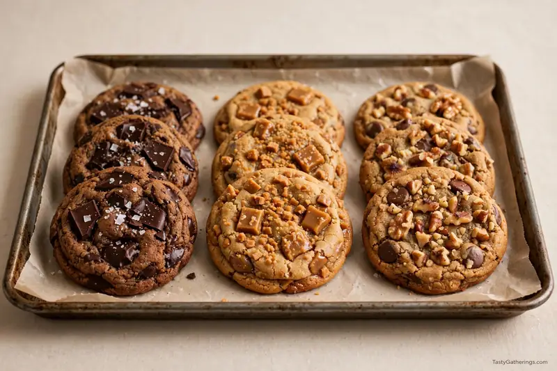 Three variations of brown butter chocolate chip cookies on baking tray - dark chocolate sea salt, toffee bits, and walnuts.
