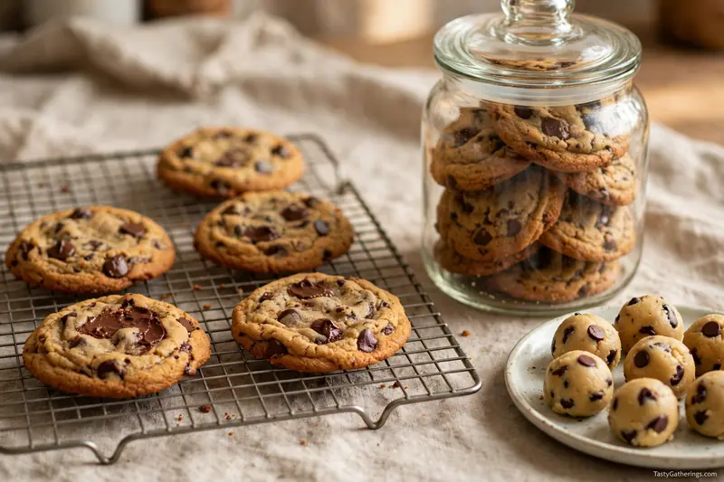 Brown butter cookies on cooling rack, glass cookie jar, and freezer-ready cookie dough balls on plate.