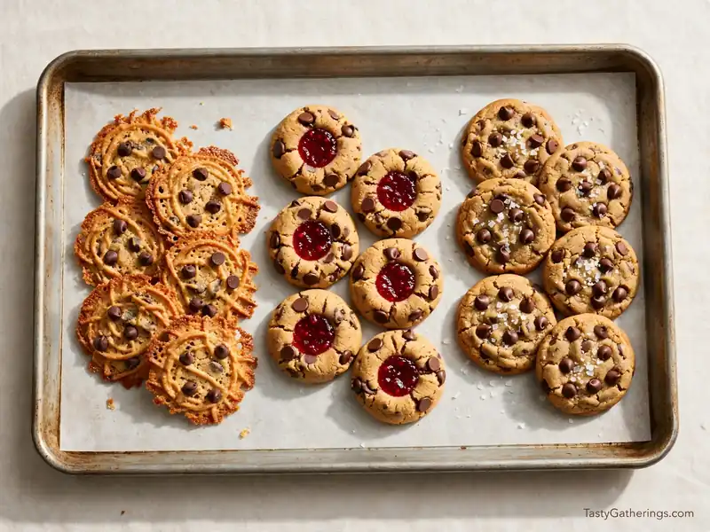 Three variations of peanut butter chocolate chip cookies on baking tray  crunchy, thumbprint with jam, and sea salt topped.